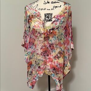 Kensie Pink and Red Asymmetrical Blouse